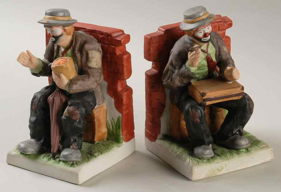 Emmett Kelly Jr-Figurine Bookends-Pair-Brick Fence - Boxed by Flambro-1