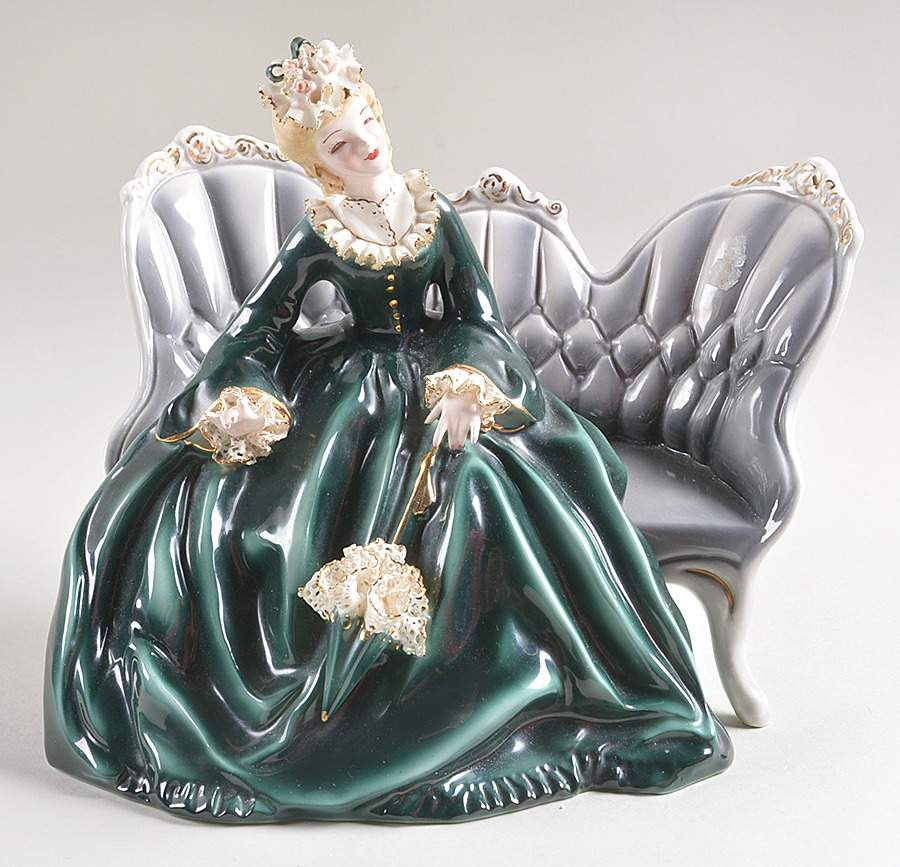 Florence Ceramics Figurine Elizabeth-Teal On Gray Couch Blonde Hair - No Box by Florence Ceramics-1