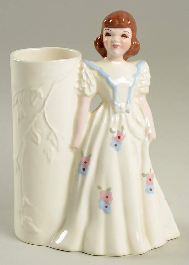 Florence Ceramics Figurine Molly-White W/ Blue & Pink-Flower Holder - No Box by Florence Ceramics-1