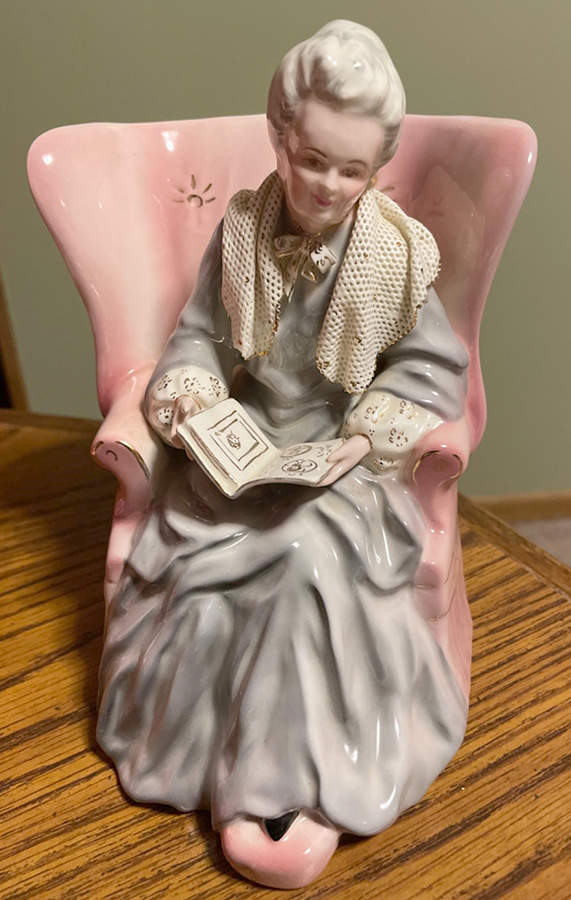 Florence Ceramics Figurine Memories-Blue Dress & Pink Chair - No Box by Florence Ceramics-1