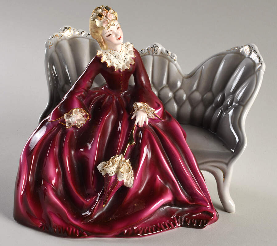 Florence Ceramics Figurine Elizabeth-Red/Gray Couch/Floral - No Box by Florence Ceramics-1