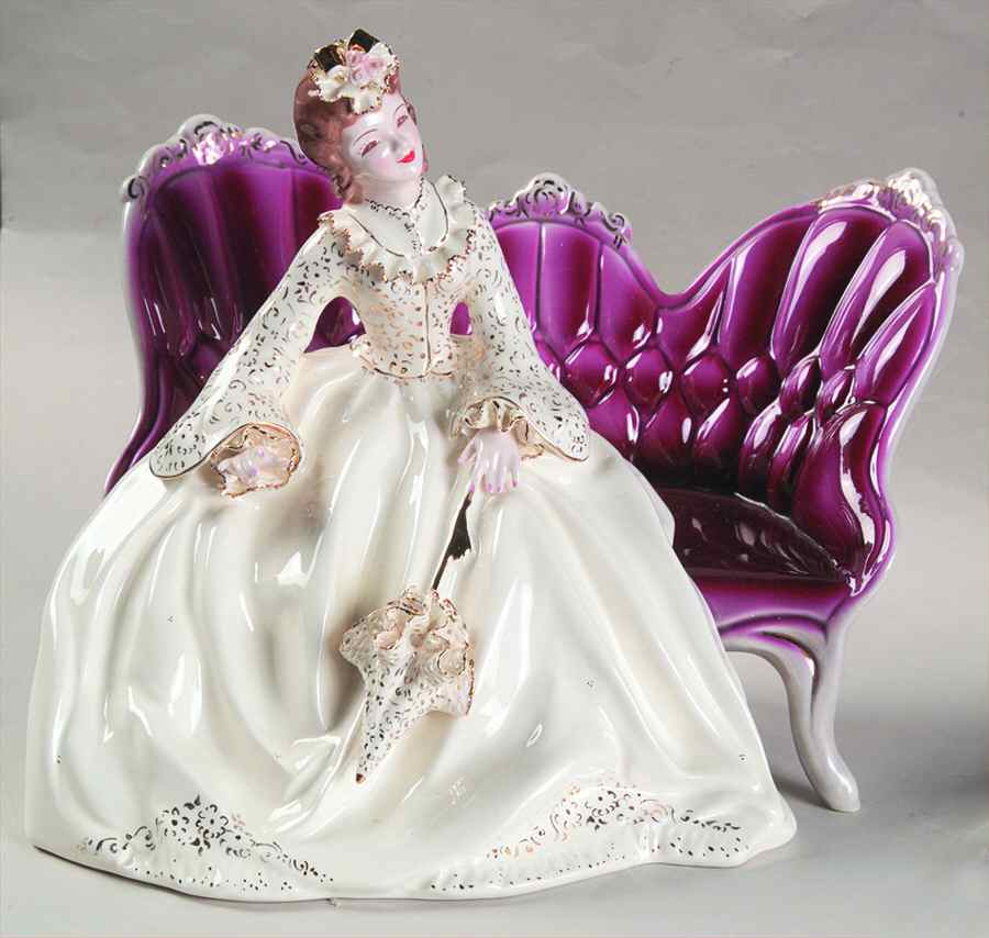 Florence Ceramics Figurine Elizabeth-White On Plum Couch - No Box by Florence Ceramics-1