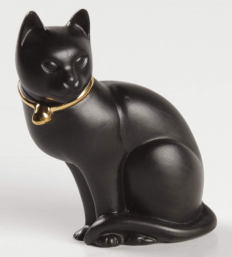 Curio Cabinet Cat Black Basalt-Gold Collar-Shiny - No Box by Franklin Mint-1