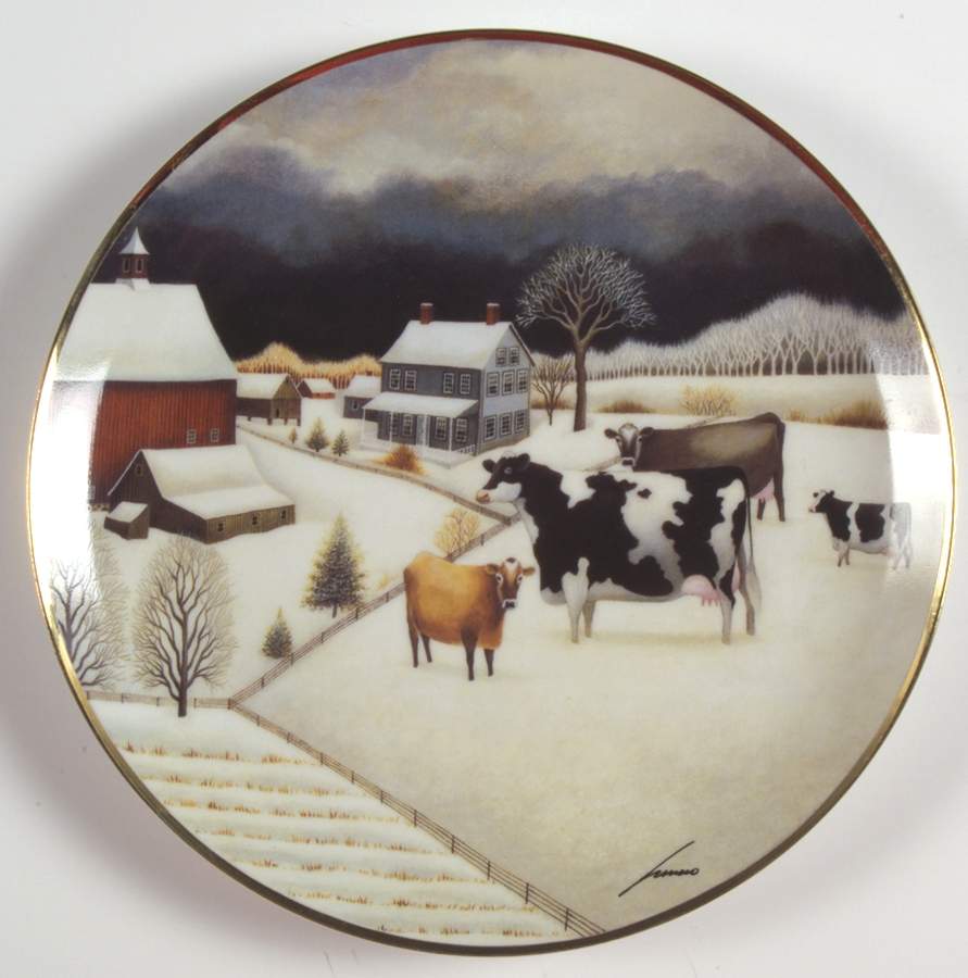 American Folk Art Cows In Winter - No Box by Franklin Mint-1