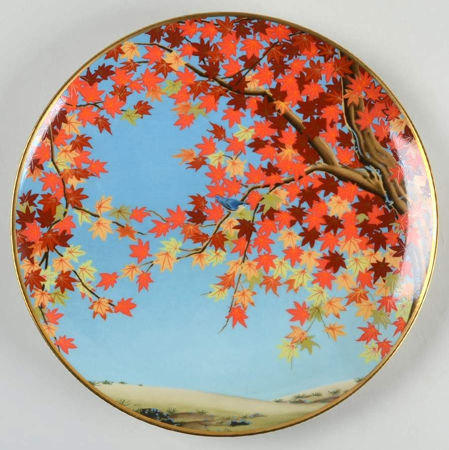 Birds & Flowers of The Orient Shimotsuki - Maple Tree & Shrike - No Box by Franklin Mint-1