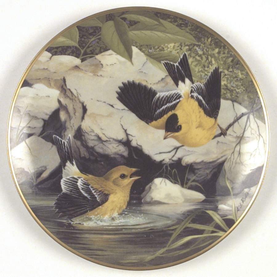 Birds of The Country Goldfinch-Bathing In The Pond - No Box by Franklin Mint-1