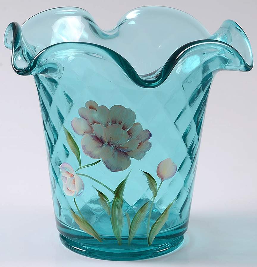 Fenton-Lenox Exclusives Robin's Egg Blue Vase With Pink Peony - Boxed by Fenton-1