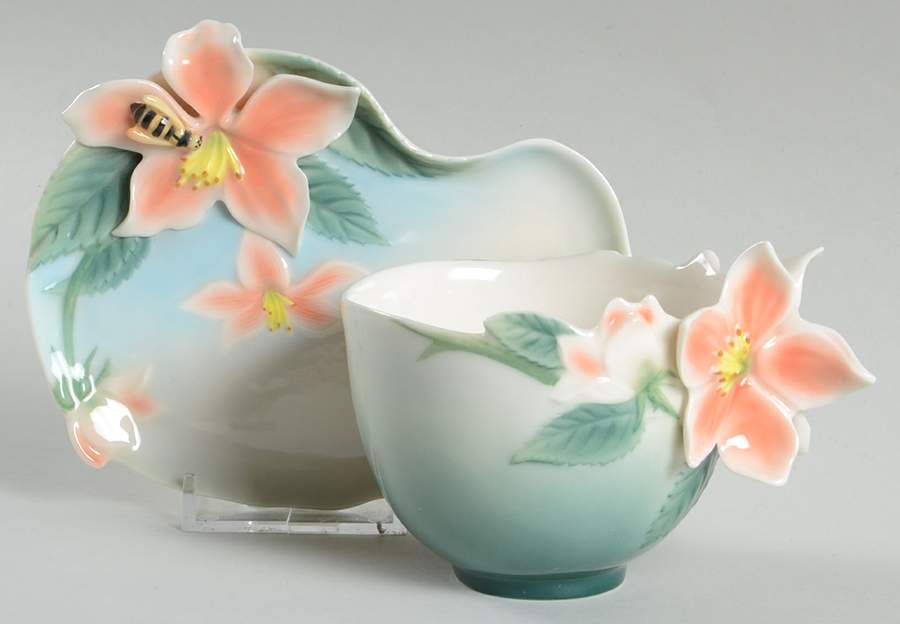 Bee & Apple Blossom Cup & Saucer Set,Sculptured - Boxed by Franz Collection-1