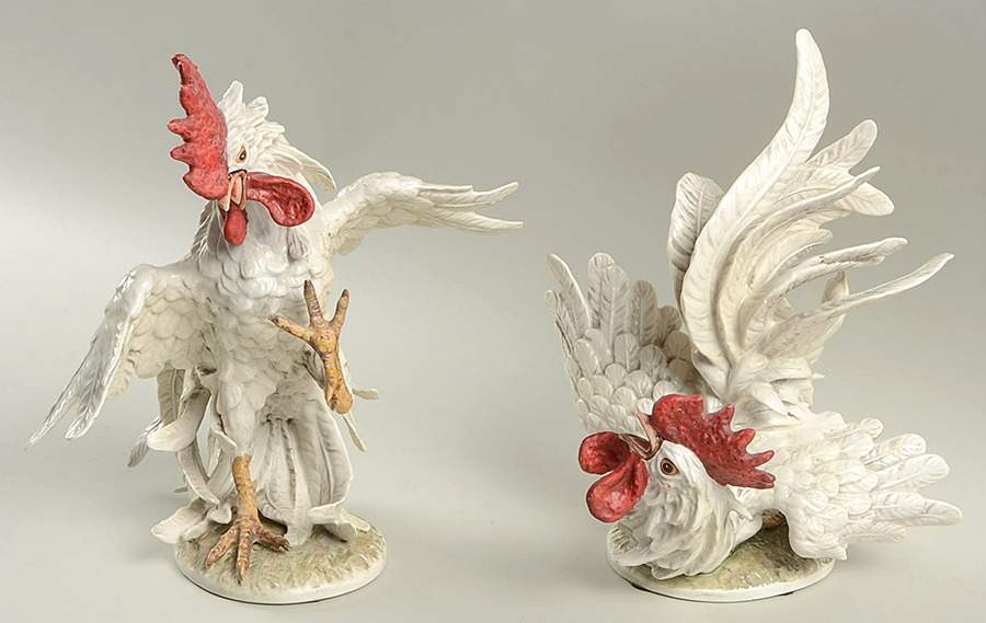 Bird Figurines White Fighting Rooster Pair - No Box by Goebel-1