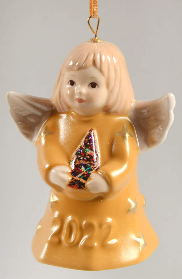 Angel Bell Ornament Angel With Tree - Yellow Gold - With Box 47b by Goebel-1