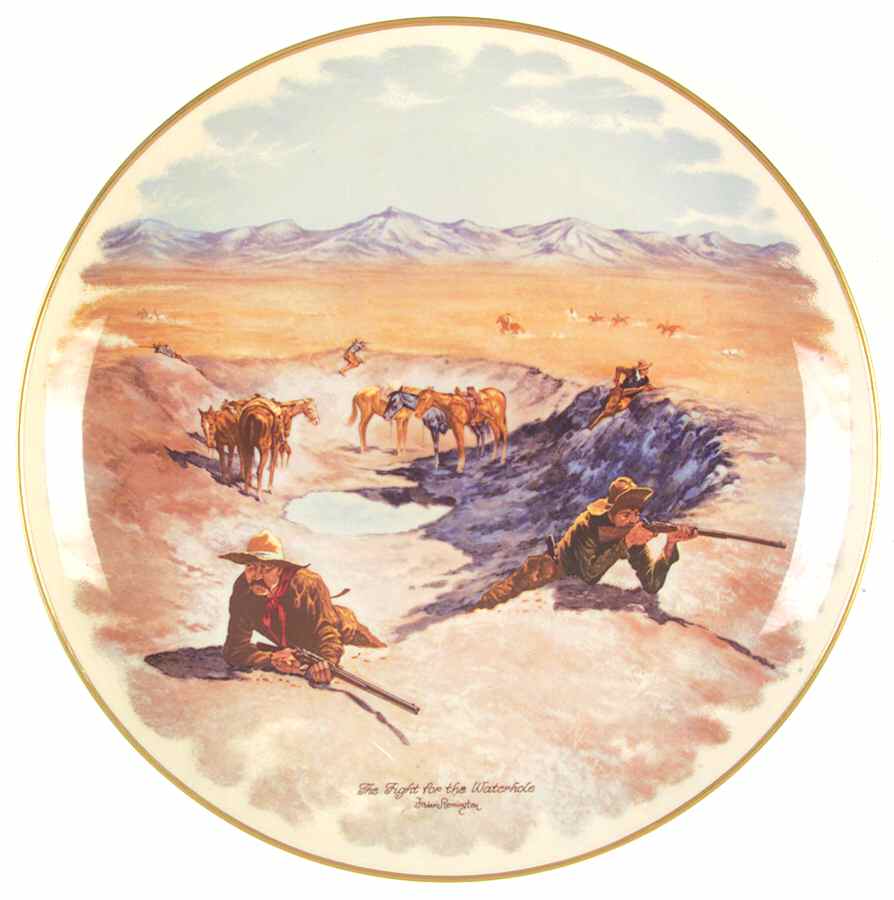 Frederic Remington Western Plates The Fight For A Water Hole - Boxed by Gorham-1