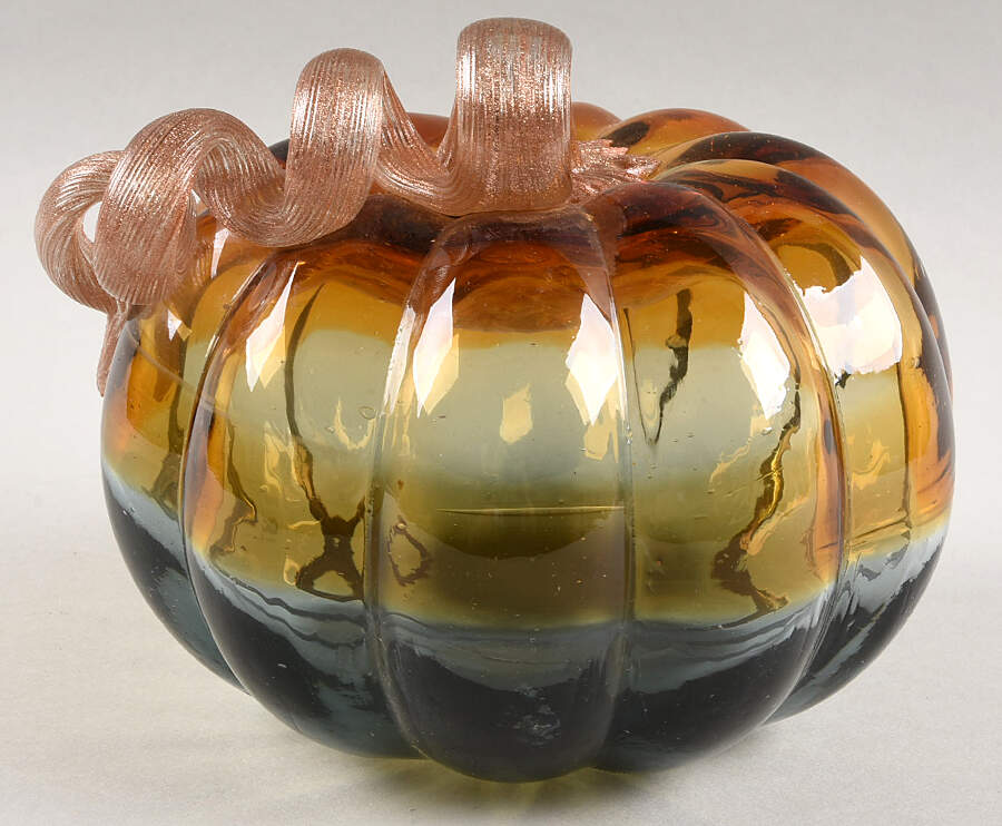 Pumpkin Patch Amber & Gray Stripe Pumpkin - No Box by Global Village Glass-1