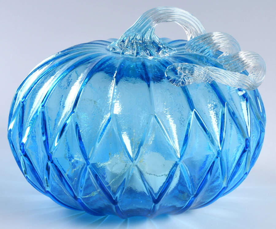 Pumpkin Patch Large Blue Facet Pumpkin W/ Led Lights - No Box by Global Village Glass-1