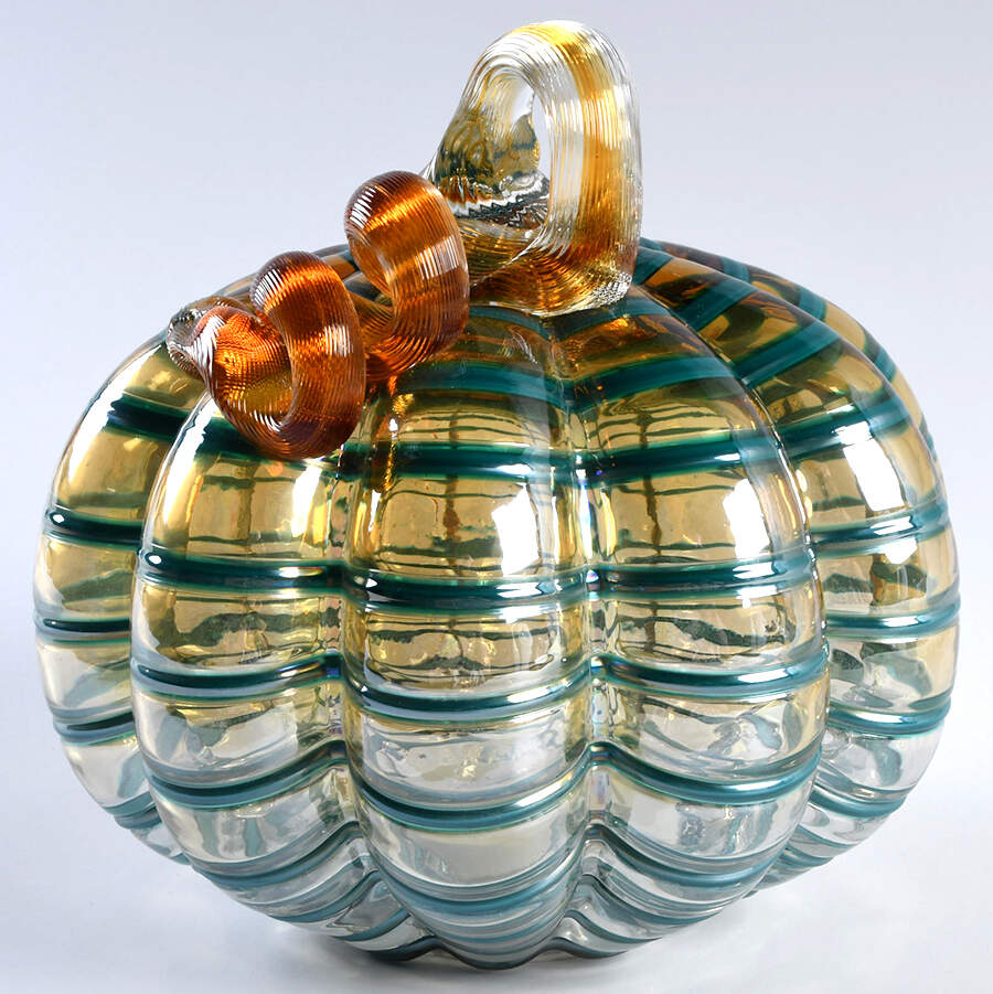 Pumpkin Patch Teal Stripe Pumpkin W/ White Led - No Box by Global Village Glass-1