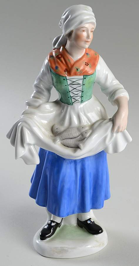 Traditional Hungarian People Woman Selling Fish-White Scarf - No Box by Herend-1