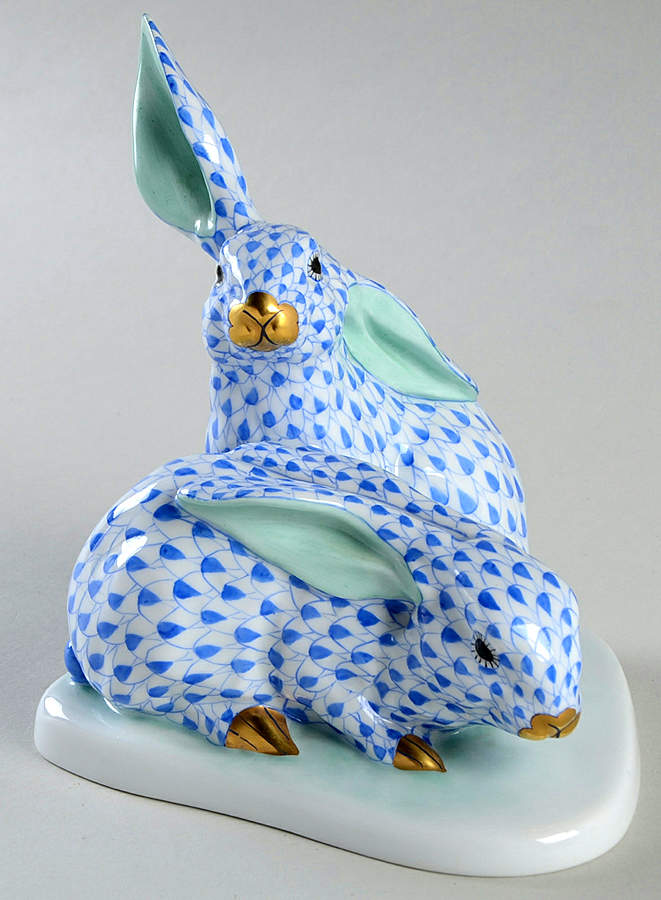Rabbits & Bunnies (More Than 1) Pair Of Rabbits-Blue - No Box by Herend-1