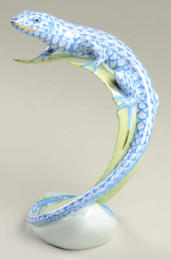 Reptiles-Snakes Lizard On Leaf-Blue - No Box by Herend-1
