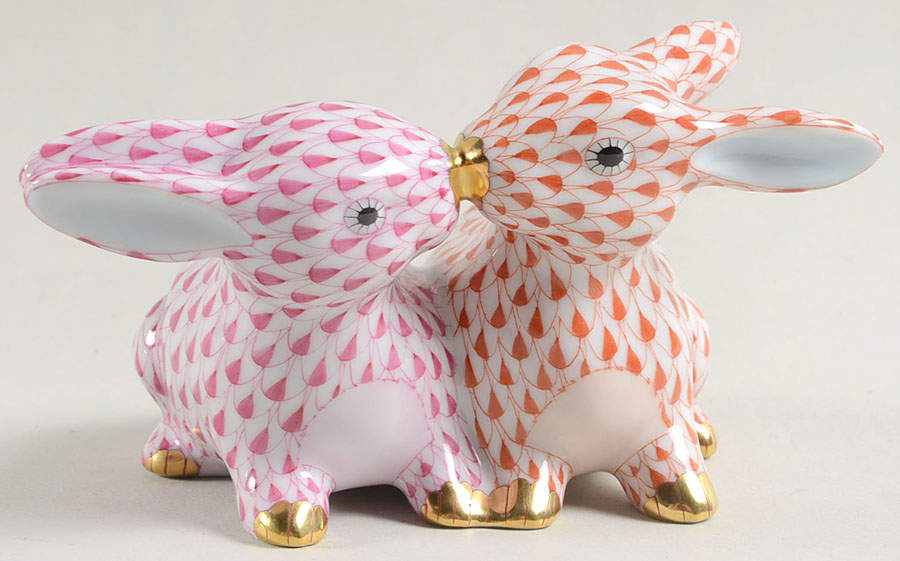 Rabbits & Bunnies (More Than 1) Kissing Bunnies-Raspberry/Rust - No Box by Herend-1