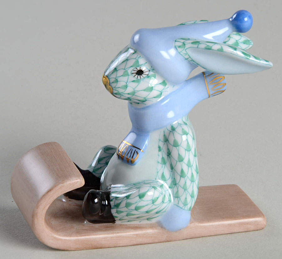 Rabbits-Bunnies (Sports) Sledding Bunny-Green - No Box by Herend-1