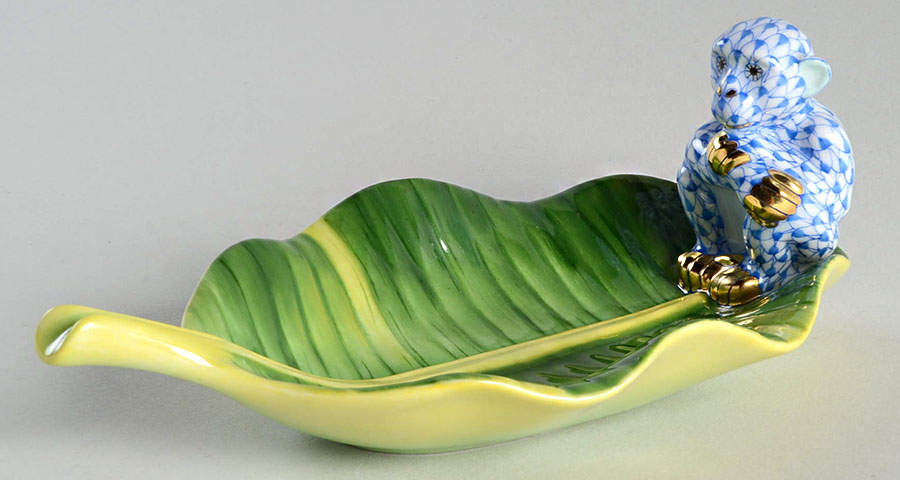 Monkeys Monkey On Banana Leaf-Blue - No Box by Herend-1