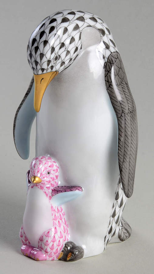Waterfowl Penguin & Baby-Black/Raspberry - No Box by Herend-1