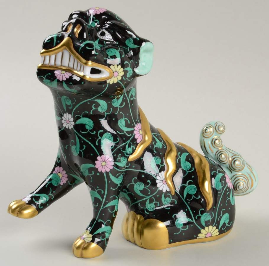 Asian Foo Dog-Black/Green Dynasty-Look Right - No Box by Herend-1