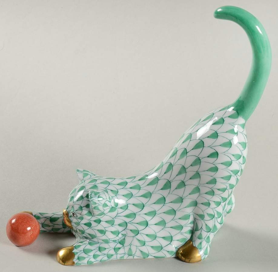 Cats Cat With Ball-Green - No Box by Herend-1