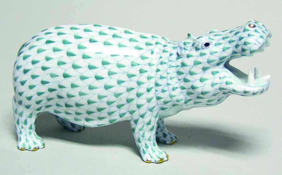 Hippos & Rhinos Yawning Hippo-Green - No Box by Herend-1