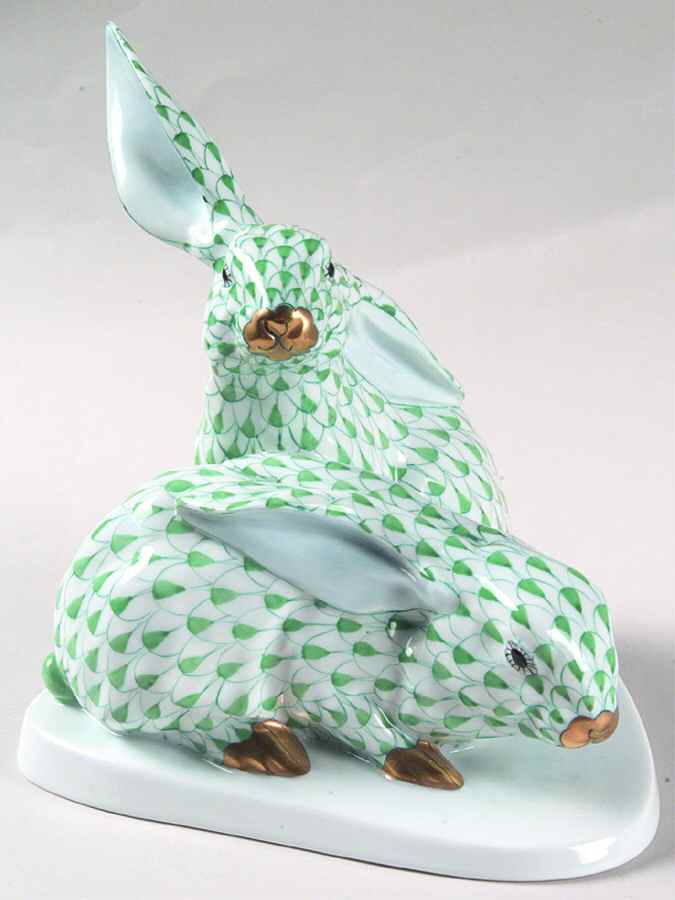 Rabbits & Bunnies (More Than 1) Pair Of Rabbits-Green - No Box by Herend-1