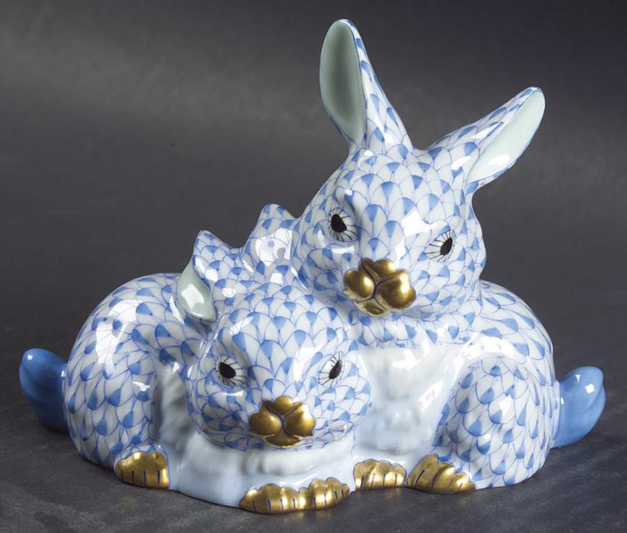 Rabbits & Bunnies (More Than 1) Cuddly Rabbits-Blue - No Box by Herend-1