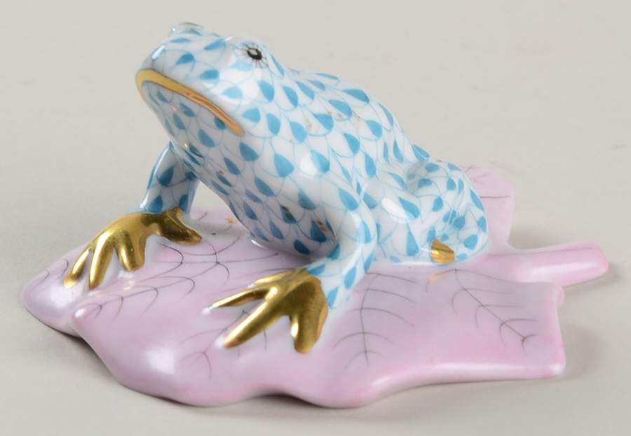 Frogs Frog On Lily Pad-Turquoise & Pink - No Box by Herend-1