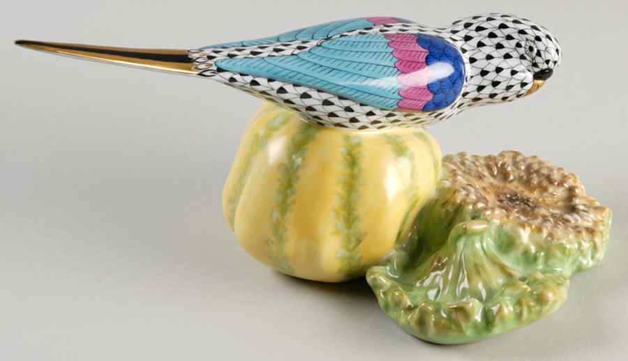 Birds Parakeet With Fruit-Black - No Box by Herend-1