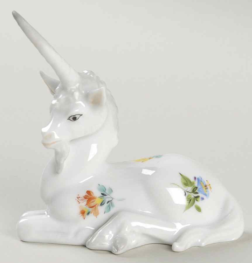 Myths and Legends Unicorn Lying-White W/Flowers - No Box by Herend-1