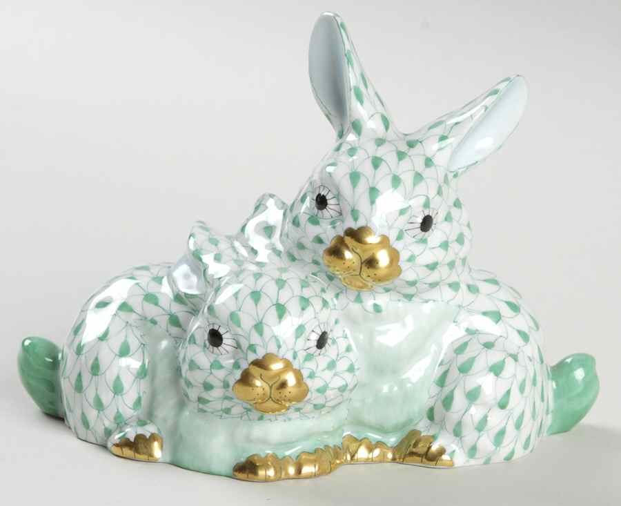Rabbits & Bunnies (More Than 1) Cuddly Rabbits-Green - No Box by Herend-1