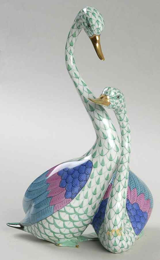 Waterfowl Pair Of Swans-Green - No Box by Herend-1