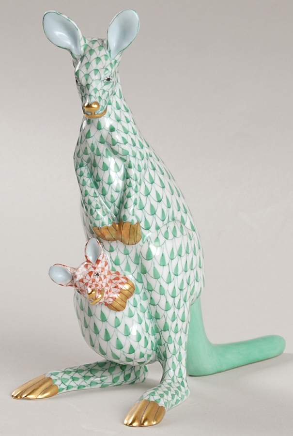 Wild Animals Kangaroo W/Baby-Green/Rust - No Box by Herend-1