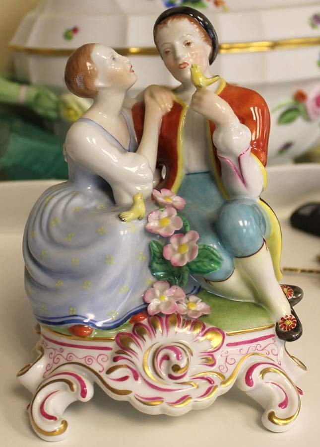 Traditional Hungarian People Man & Woman Seated W/Birds - No Box 42 by Herend-1
