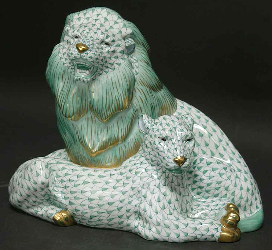 Wild Cats Pair Of Lions-Green - No Box by Herend-1