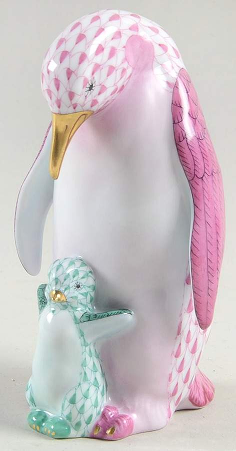 Waterfowl Penguin & Baby-Raspberry/Key Lime - No Box by Herend-1