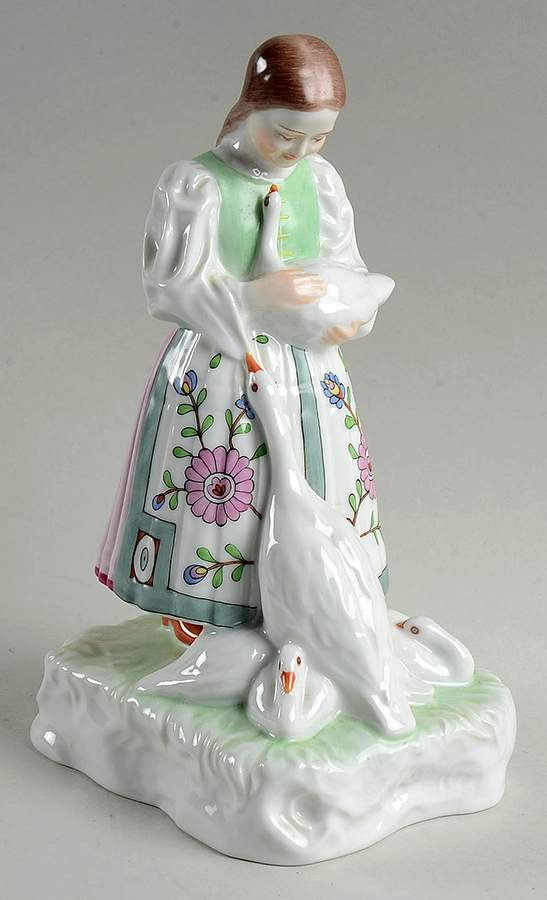 Children Peasant Girl With Geese-Green - No Box by Herend-1