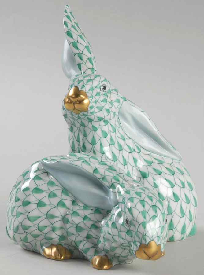 Rabbits & Bunnies (More Than 1) Pair Of Rabbits-Green - No Box by Herend-1