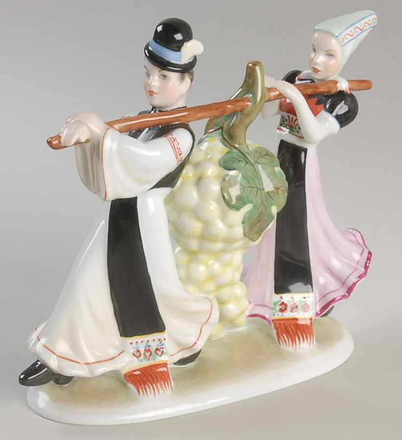 Traditional Hungarian People Man And Woman Carrying Grapes - No Box by Herend-1