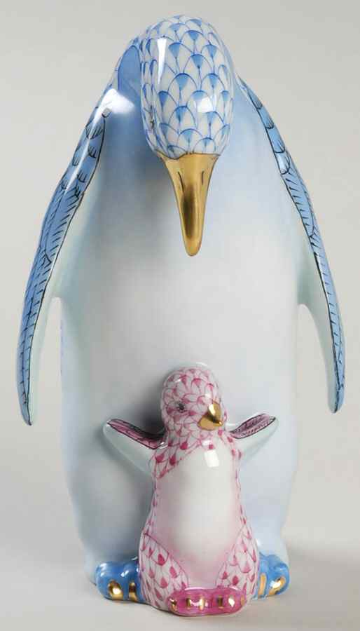 Waterfowl Penguin & Baby-Blue/Raspberry - No Box by Herend-1