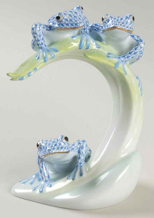 Frogs Tree Frogs On Palm-Blue - No Box by Herend-1