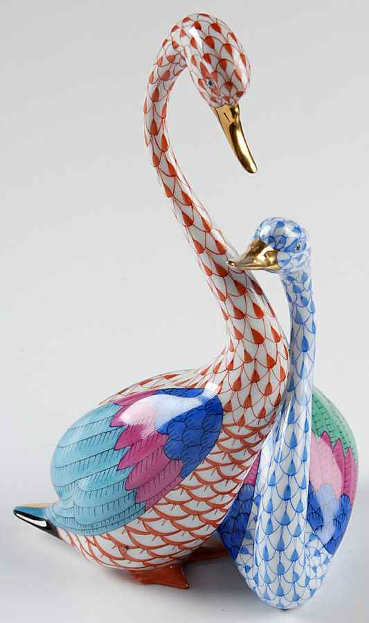 Waterfowl Pair Of Swans-Rust/Blue - No Box by Herend-1