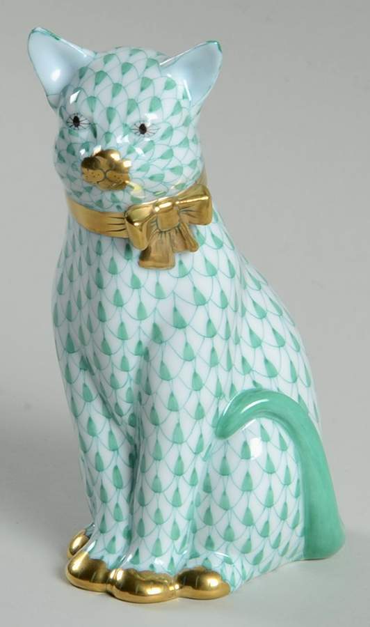 Cats Cat With Bow-Green - No Box by Herend-1