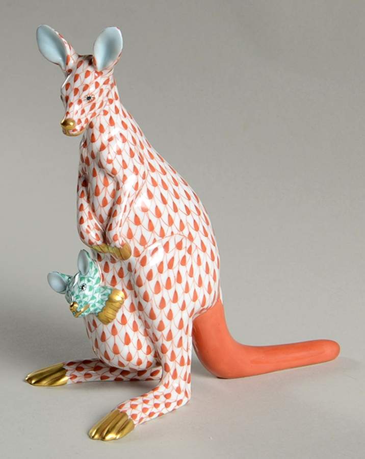 Wild Animals Kangaroo W/Baby-Rust/Green - No Box by Herend-1