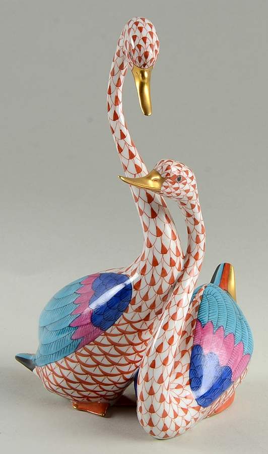 Waterfowl Pair Of Swans-Rust - No Box by Herend-1