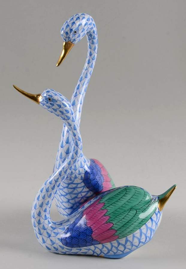 Waterfowl Pair Of Swans-Blue - No Box by Herend-1