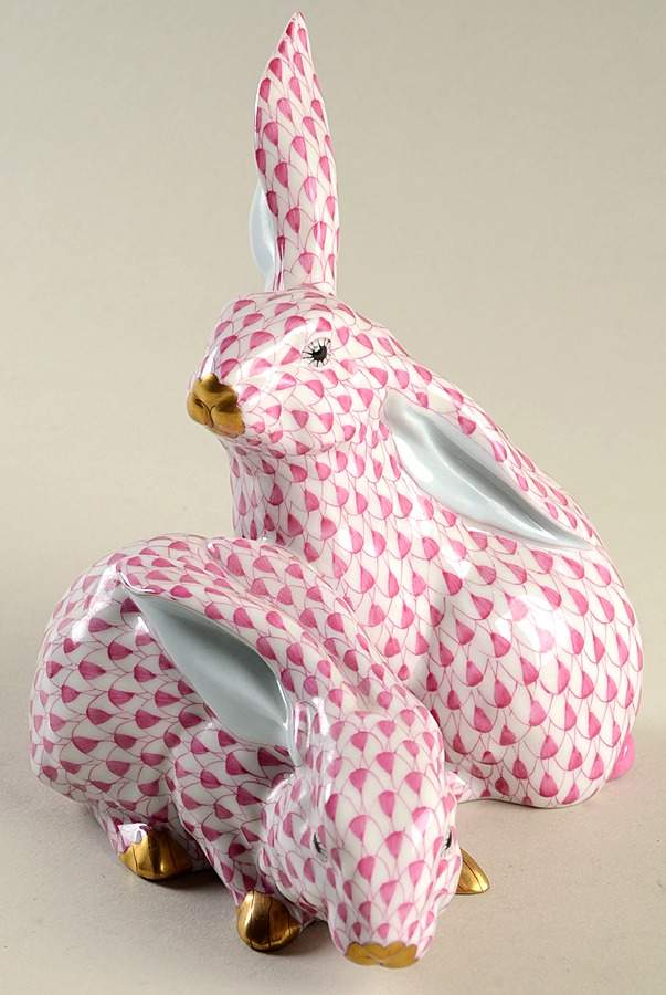 Rabbits & Bunnies (More Than 1) Pair Of Rabbits-Raspberry - No Box by Herend-1
